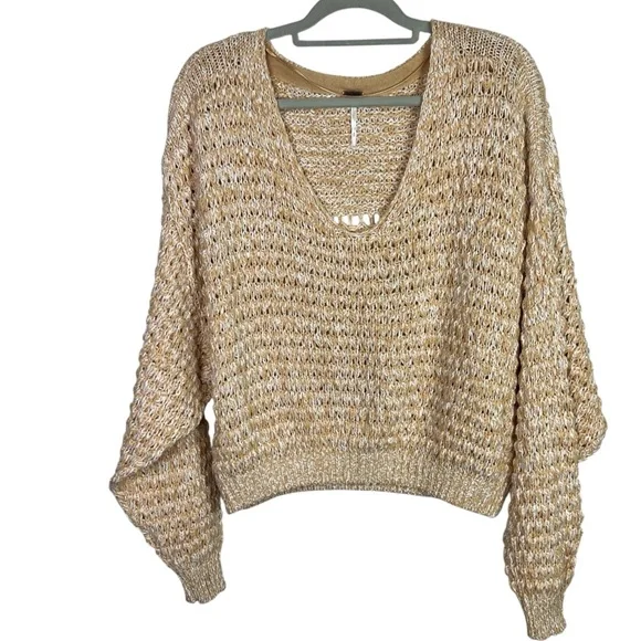 Free People Coconut Open Knit V-Neck Sweater in Sandy Combo Crop Slouchy Chunky - Picture 3 of 9